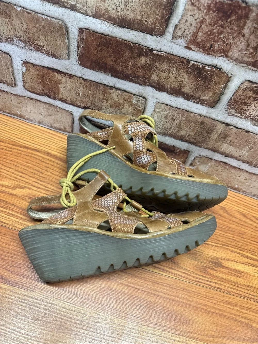 Fly London Yexa Tan Metallic Lace Up Wedge Sandals Size 39 (US 8)